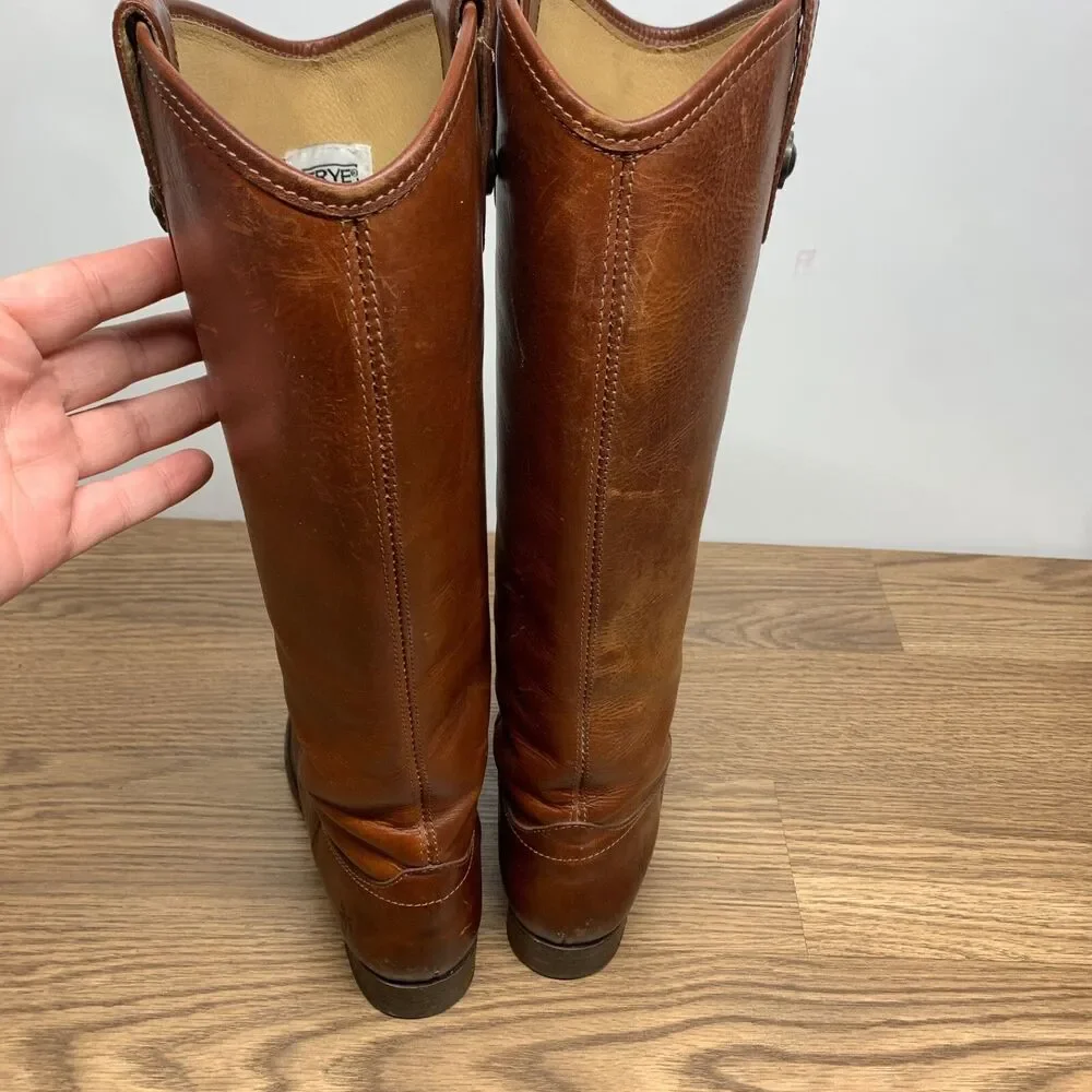 Frye #77167 Melissa Button Brown Tall Leather Riding Biker Womens Boots‎ Size 6B